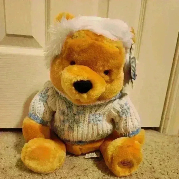 Disney Other - Disney Store Winnie the Pooh Blue White Snowflake Sweater Plush 12" Winter